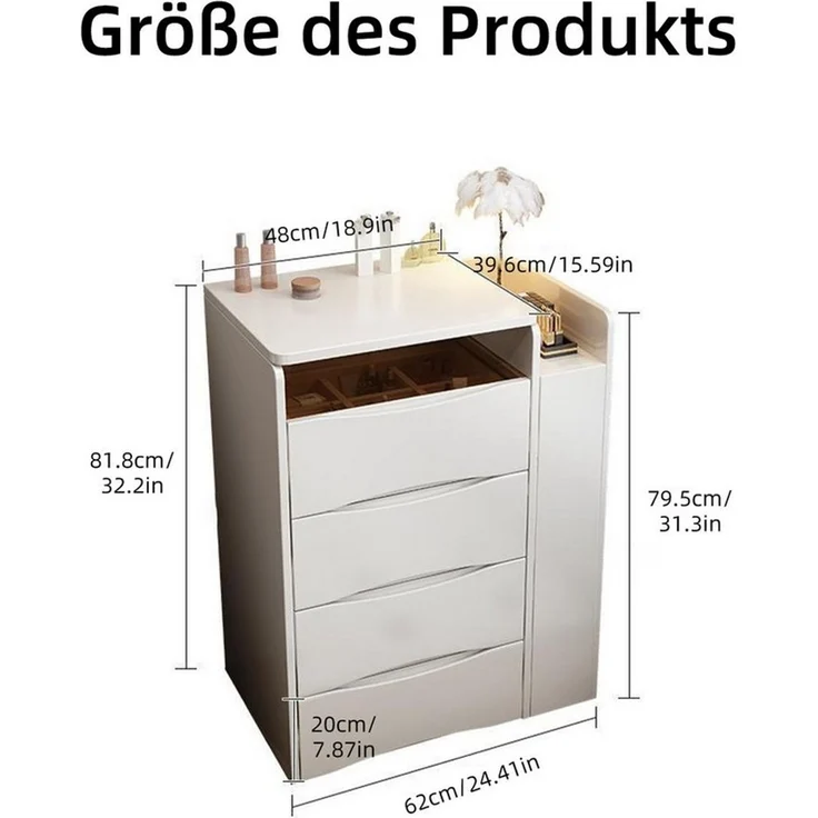 PEALOV Schminktisch mit klappbarem LED-Spiegel, 3 Lichtfarben und Hocker, 62x40x82cm (1-St), Kompakter Frisiertisch mit Schubladen und Seitenstauraum, Weiß – Bild 2