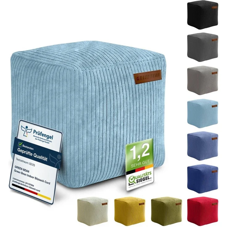 Green Bean Indoor Cord Sitzhocker Pouf Cube 40 x 40 x 40 cm mit EPS-Perlen Füllung - kuschelig weich waschbar - die ideale Ergänzung zum Sitzsack für Kinder & Erwachsene - Hellblau – Bild 2