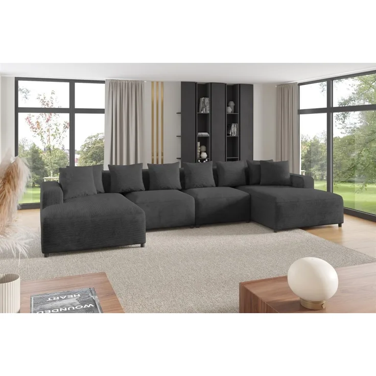Wohnlandschaft Sofa U-Form Designersofa MEGAN in Stoff Poso Dunkelgrau