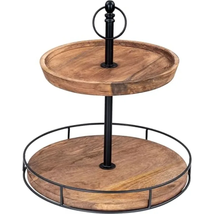 Levandeo® Etagere, Etagere Holz 2 Etagen H38cm Akazienholz Schwarz Natur Servierplatte