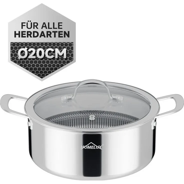 HOMELUX Suppentopf Edelstahl Kochtopf,Wabenstruktur Suppentopf Induktion,Backofengeeignet, Edelstahl (1 x 20cm 2,3L Edelstahl Kochtopf), Induktion