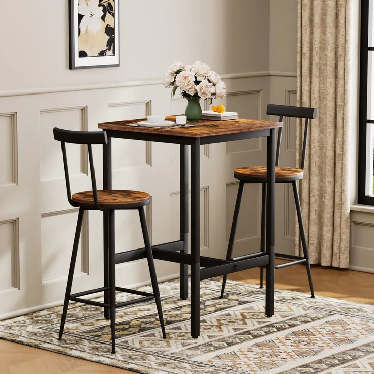 Bartisch-Set 60x60x92 cm mit 2 Hockern, industrial, rustikale Brauntöne, Stahlgestell und pflegeleichte Spanplatte