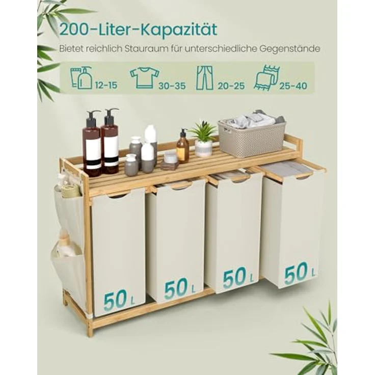 SONGMICS Wäschekorb 4 Fächer, Bambus, Wäschesammler 200 L, Wäschesortierer, mit Ablage, Wäschesack, kleine seitliche Taschen, Wäscheregal, 4 x 50 L, 124,6 x 33 x 78 cm, cremeweiß RLHDE120W01 – Bild 3