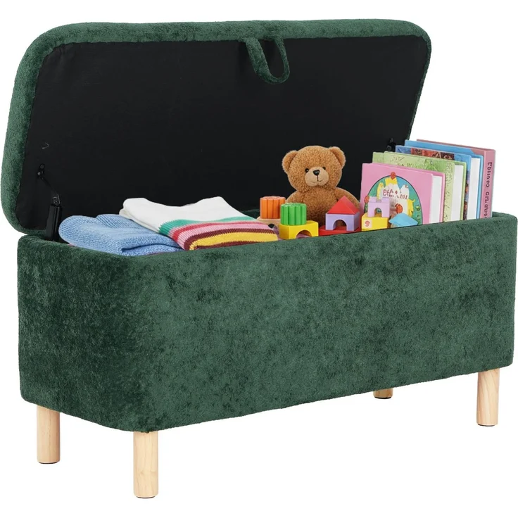 COLAMY Große Ottomane Aufbewahrungsbox für 80L, Ottomane Aufbewahrungsbank aus Holz mit rutschfesten Polstern und Klappdeckel, Fußhocker für Wohnzimmer, Schlafzimmer, Grün