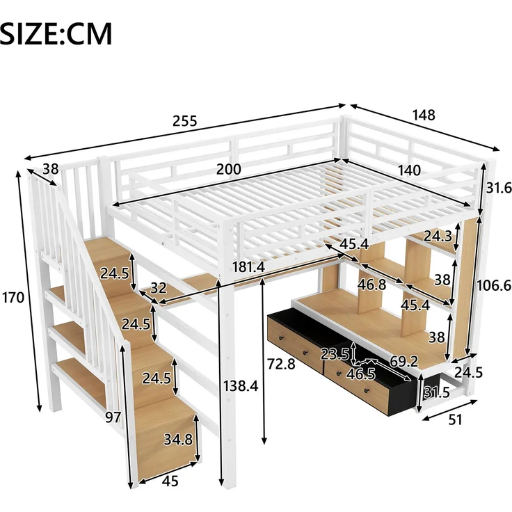Merax 140x200 Hochbett, Doppelbett mit Schreibtisch und Regalen, zwei integrierten Schubladen, Treppe mit Stauraum, Weiß – Bild 4