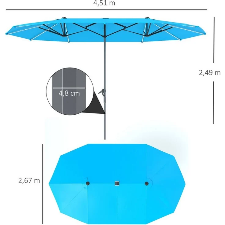 Outsunny Sonnenschirm mit Handkurbel, Solar-Lichtern, LxB: 451x267 cm, Doppelsonnenschirm aus Aluminium, Balkonschirm UV 50+, für Strand, Balkon, Garten, 451x267 cm, Blau – Bild 2
