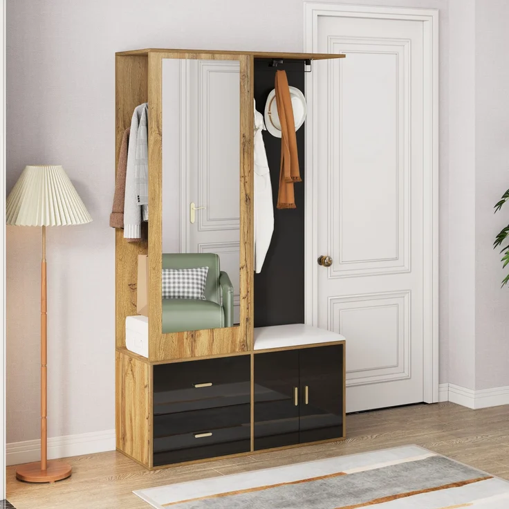 Faumrta Elegantes Kleiderschrankset in Schwarz und Holzfarbe mit Spiegel, Schuhschrank, Schuhbank mit Haken und ausziehbaren Kleiderbügeln. 100CM*38CM*180CMNaturalSpanplatte – Bild 9