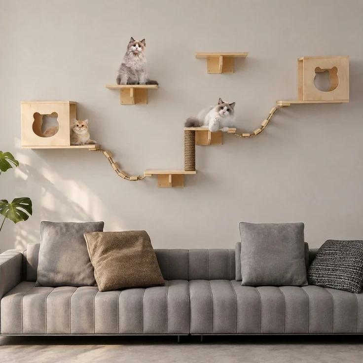 PEALOV Katzen-Kletterwand 9 Stück Deluxe‑Katzenmöbel aus Holz, Katzenbett, Klettergerüst, Tragkraft 12 kg, Wandmontage im Innenbereich – Bild 3