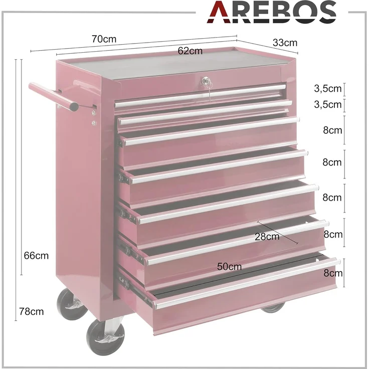 Arebos Werkstattwagen 7 Fächer, zentral abschließbar, inkl. Antirutschmatten, rot, (Werkzeug Rollwagen 7 Fächer) – Bild 3