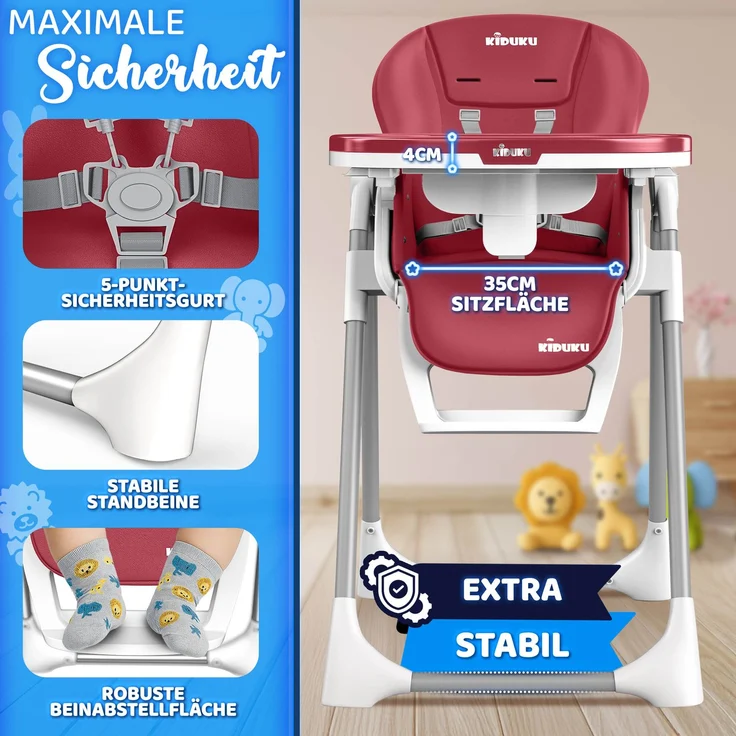 KIDUKU® Hochstuhl Baby 3in1 mit Neugeborenenaufsatz + Lätzchen, Spielbogen & Tisch | Kinderhochstuhl klappbar mit Liegefunktion | Kombihochstuhl höhenverstellbar | Babystuhl mitwachsend 0-36 Monate – Bild 10