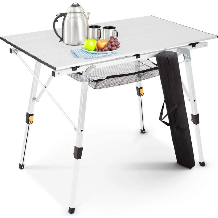 Arebos Campingtisch faltbar 120x70 cm | Klapptisch höhenverstellbar 58-78 cm | Camping Zubehör, Garten, Grill, Picknick | Camping Tisch klappbarer Falttisch | Reisetisch inkl. Tragetasche | Silber