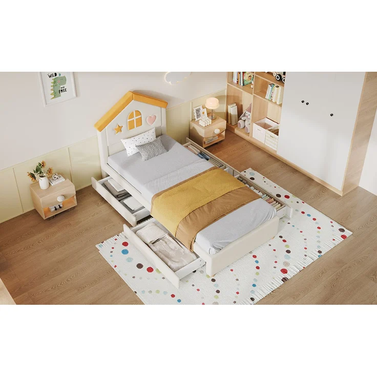 Merax Kinderbett, 90x200 cm, Polsterbett, mit 4 Schubladen, Stauraumbett für Kinderzimmer, Jugendbett mit französischem Samt, gepolstertes Bett mit Haus-Kopfteil, Beige – Bild 7
