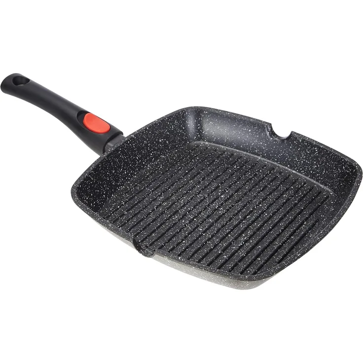 Kamberg 0008029 – Grillpfanne 28 cm – Abnehmbarer Griff – Aluminiumguss – Beschichtung in Steinoptik – Für alle Herdarten, auch Induktion – PFOA‑frei, Aluminium, grau, 28 cm