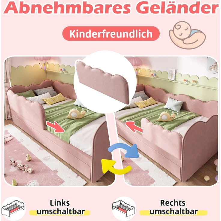 EINHOM Polsterbett Daybett 90 x 190 cm, Tagesbett Schlafsofa mit Ausziehbett 90 x 190 cm, Kinderbett mit Lattenrost, Samt, Rosa, (Ohne Matratze) – Bild 3