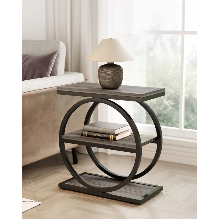 LITTLE TREE Beistelltisch, 3-stöckiger Beistelltische, schmaler Sofa-Beistelltisch für Wohnzimmer, hoher Nachttisch, Nachttisch für Schlafzimmer, Grau und Schwarz