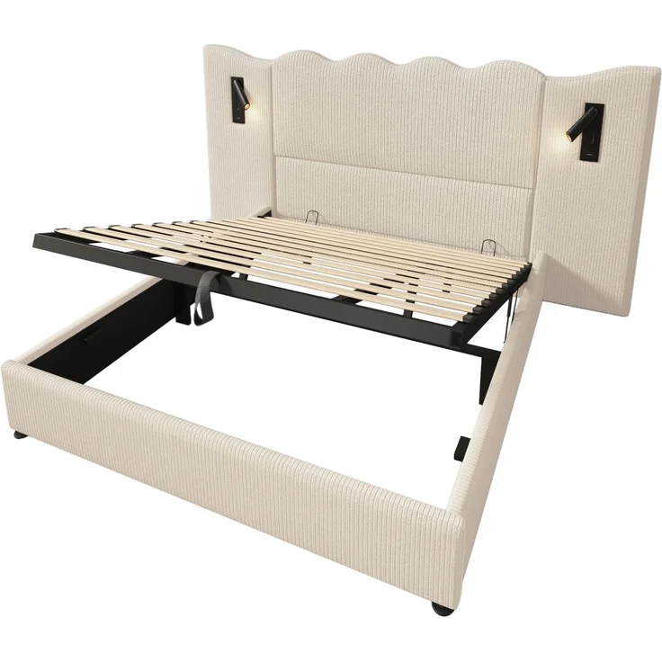 Holzbett 180x200 cm, mit hydraulischem Bettkasten, mit Lattenrost und ohne Matratze, mit Cordbezug, Beige – Bild 14