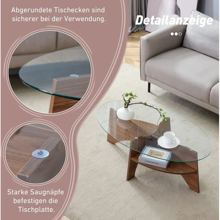 ANYSUN Couchtisch Moderner Couchtisch Glas Oval, Beistelltisch Wohnzimmertisch (Kaffeetisch Sofatisch mit 0,6 cm Glasplatte Glas-Couchtisch), Platzsparendes Design Perfekt für Wohnzimmer, Balkon oder Schlafzimmer – Bild 3