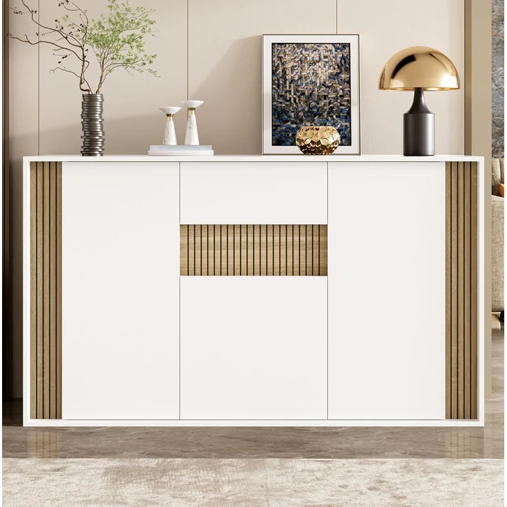 DESVIAE Sideboard Natur/Weiß aus Spanplatte – 140x82x40 cm – 3 Türen, Schublade, LED-Beleuchtung – Bild 6