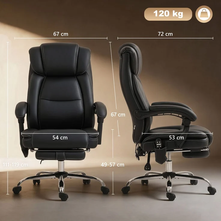 MELAYR, Bürostuhl Ergonomisch mit Massagefunktion Schreibtischstuhl mit Fußstütze, Kunstleder Schwarz, 72 x 67 x 119 cm – Bild 5
