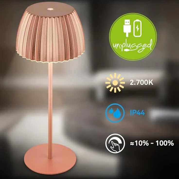 BRILONER - Riffle LED Tischlampe kabellos IP44 mit Lichtkante, 14,5x36,5 cm, Touchdimmer, Akku tauschbar, Nachttischlampe, Leselampe, LED Lampe, Akku Lampe, German Design Award Winner, Kupferfarbig – Bild 4