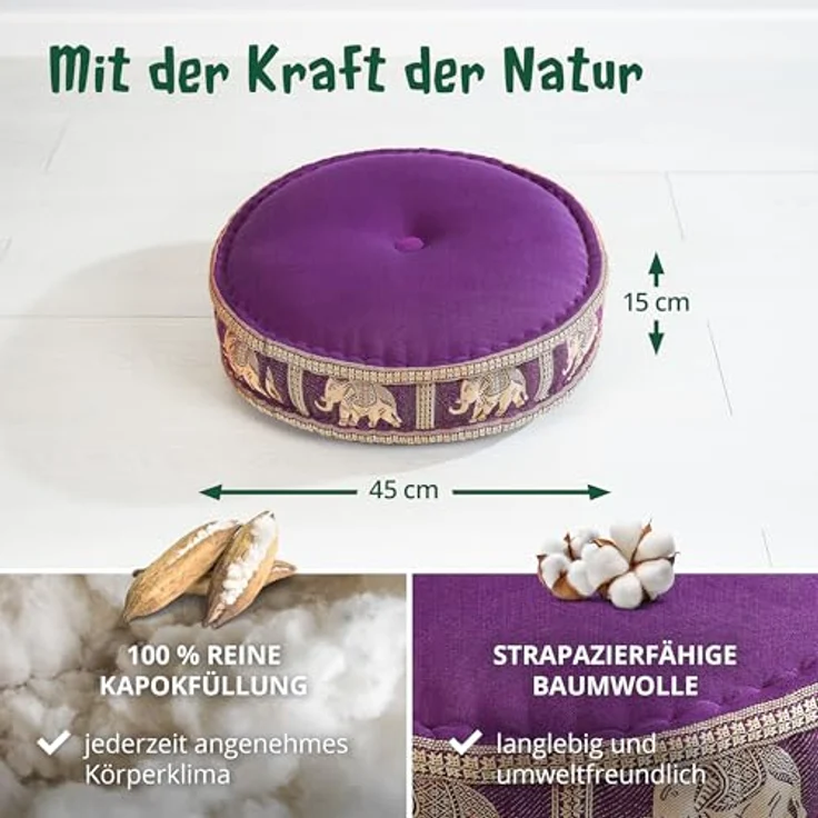livasia Meditationskissen Zafukissen groß (Deluxe) vegan und handgefertigt, 44x15cm, Kapok – Bild 5