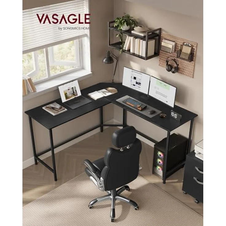 VASAGLE Schreibtisch, L-förmiger Computertisch, 140 x 140 x 76 cm, Eckschreibtisch, platzsparender Bürotisch, Gaming, Homeoffice, einfacher Aufbau, ebenholzschwarz-tintenschwarz LWD073B56V1 – Bild 2