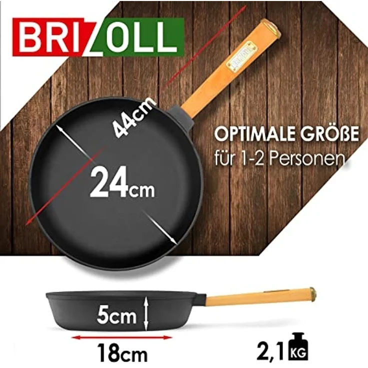 Ø24cm 47mm hoch Gusseisenpfanne Gußeisenpfanne mit Holzgriff Pfanne aus Gusseisen – Bild 2