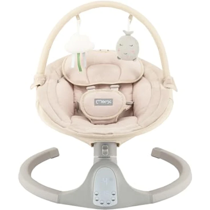 MoMi KENANI SAND Babywippe für Babys bis 9 kg, mit LED-Display, Fernbedienung & Bluetooth für Smartphone, Batterie- oder Stromanschluss, mit 5-Punkt-Sicherheitsgurt, Bügel und Spielzeug – Bild 22