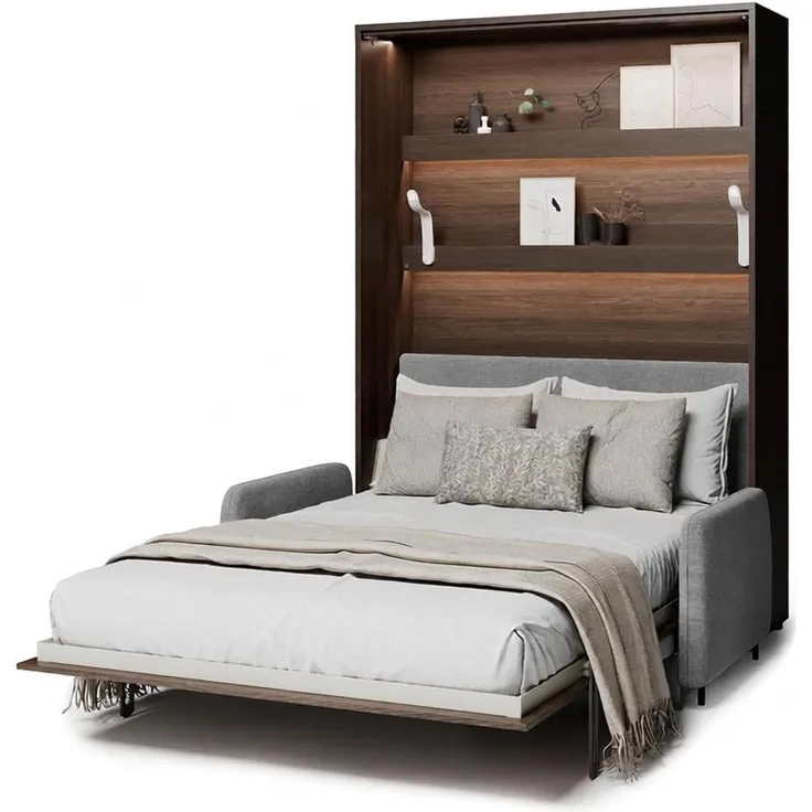 MEBLINI Elektrisches Schrankbett Bed Concept - Wandbett mit Lattenrost, Sofa und Kopfteil - Wandklappbett - BC-36 - 140x200 cm Vertikal - Dunin Eiche - Sofa und Kopfteil Grau ohne Matratze