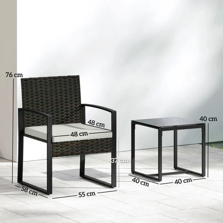 MELAYR, Rattan Bistroset, 3 teiliges Gartenmöbel-Set mit 2 Gartenstühlen, Couchtisch, 58 x 55 x 76 cm, Cremeweiß – Bild 5