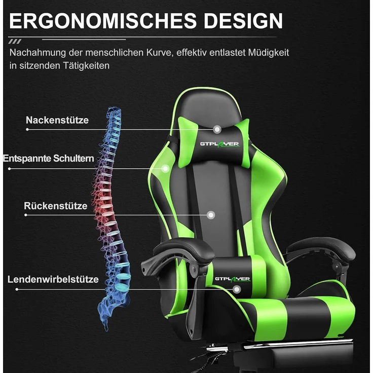 GTPLAYER Bürostuhl Gaming Stuhl Gaming Sessel Ergonomischer Gamer Stuhl mit Fußstütze, Kopfstütze Lendenkissen, Gepolstert Gaming Chair, Drehsessel Grün – Bild 3