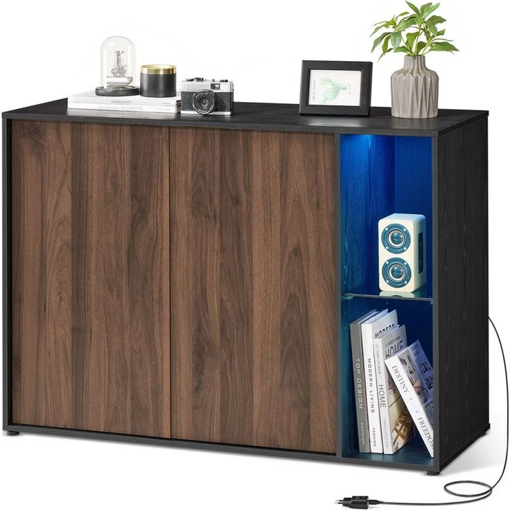 Songmics HOME Superschnelle werkzeuglose Montage, Sideboard mit Beleuchtung, Aufbewahrungsschrank, TV-Schrank, Glasablage, Toolless-Technologie, naturwalnussfarben-ebenholzschwarz BBK372B01 – Bild 1