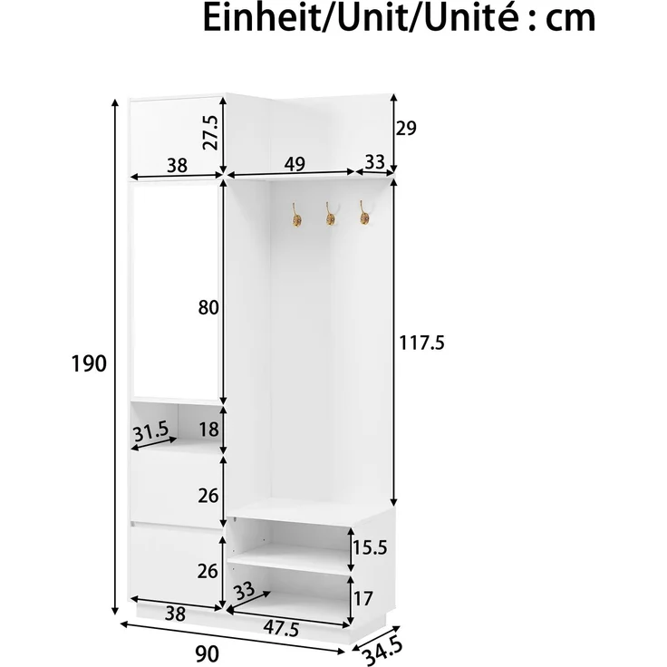Kompaktgarderobe mit Spiegel und Sitzbank,Flurgarderobe mit Schuhschrank und Haken, Kleiderhaken,Kompaktgarderobe,Flurmöbel Set,Flurgarderobe – Bild 4