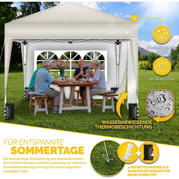 tillvex Pavillon 3x3m Beige - mit 2 Seitenteilen wasserdicht | Pop-Up Faltpavillon höhenverstellbar | Gartenzelt UV Schutz 50+ | Partyzelt mit Tasche für Garten – Bild 9