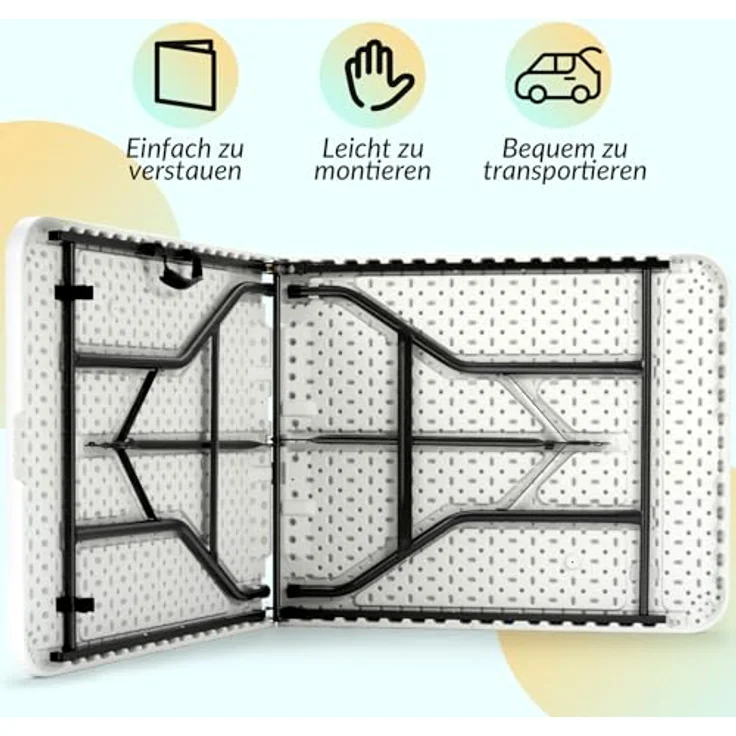 Velway Buffettisch Gartentisch klappbar mit Koffergriff - 180 x 74 x 74 cm Wetterfest Kunststoff Klapptisch Leicht zu Reinigen für Garten Terrasse Balkon Camping Partytisch Campingtisch - Weiß – Bild 5