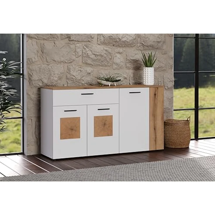Calicosy Sideboard, Weiß, Holzwerkstoff, 150x83x42 cm, mit 4 Türen und 1 Schubkasten, modern mit Coast Evoke Oak Akzenten – Bild 2