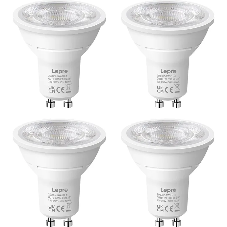 Lepro GU10 LED Neutralweiß 6W Lampe, 4000K Neutralweiß, 630 Lumen, 38° Abstrahlwinkel, Nicht dimmbar Reflektorlampe, Energiesparendes GU10 LED Leuchtmittel für Büro, Küche, Flur, 4 Stück