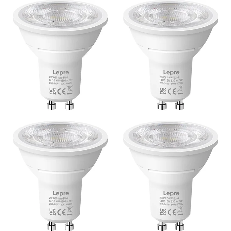 Lepro GU10 LED Neutralweiß 6W Lampe, 4000K Neutralweiß, 630 Lumen, 38° Abstrahlwinkel, Nicht dimmbar Reflektorlampe, Energiesparendes GU10 LED Leuchtmittel für Büro, Küche, Flur, 4 Stück