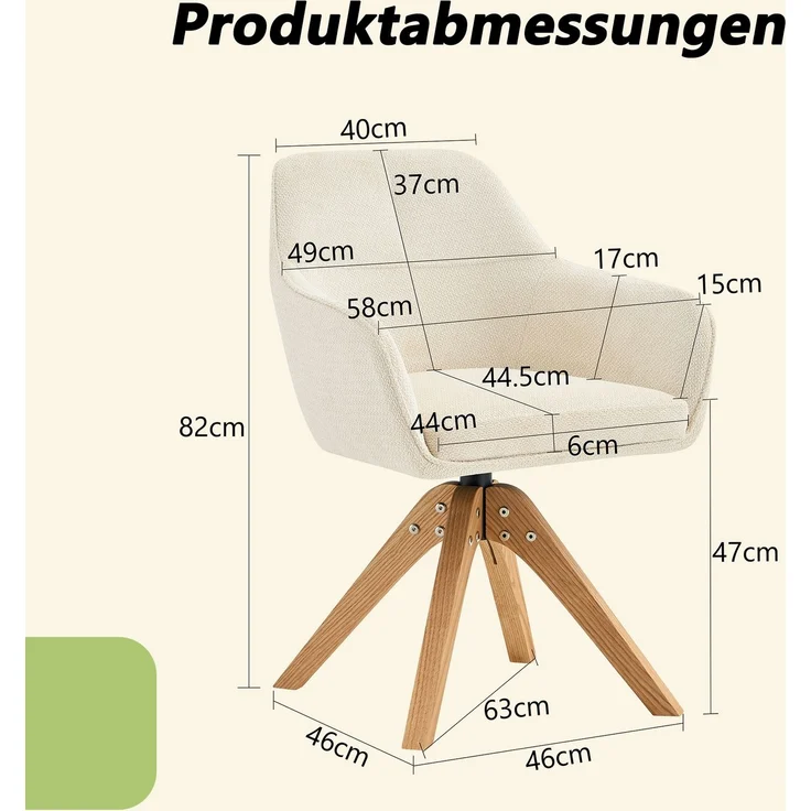 360° drehbarer Esszimmerstuhl mit Massivholzbeinen im 2er-Set, Bezogen mit beigem Stoffpolster, Schaumstoffsitz, ergonomisch geformte Rückenlehne, moderner, leicht luxuriöser Esszimmerstuhl.--Weiß, Holz--58x46x82cm--YOUDENOVA – Bild 4
