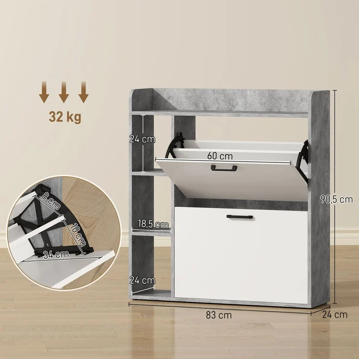 Schuhschrank für 15 Paar Schuhe, moderner Schuhschrank mit 2 Klappschubladen, 83 x 24 x 90,5 cm, weiß und grau – Bild 5