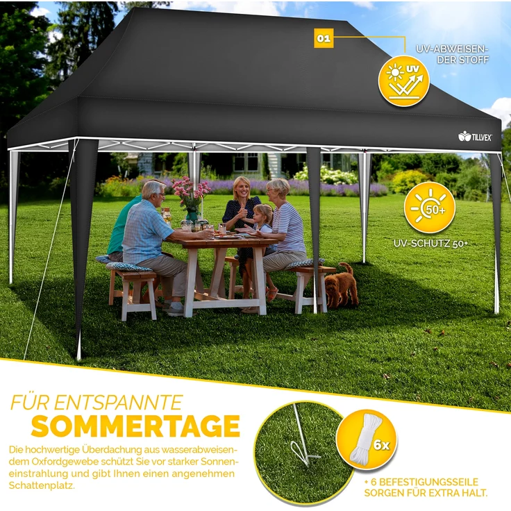 tillvex Pavillon 3x6m Anthrazit wasserdicht | Pop-Up Faltpavillon höhenverstellbar | Gartenzelt UV Schutz 50+ | Partyzelt mit Tasche für Garten – Bild 4
