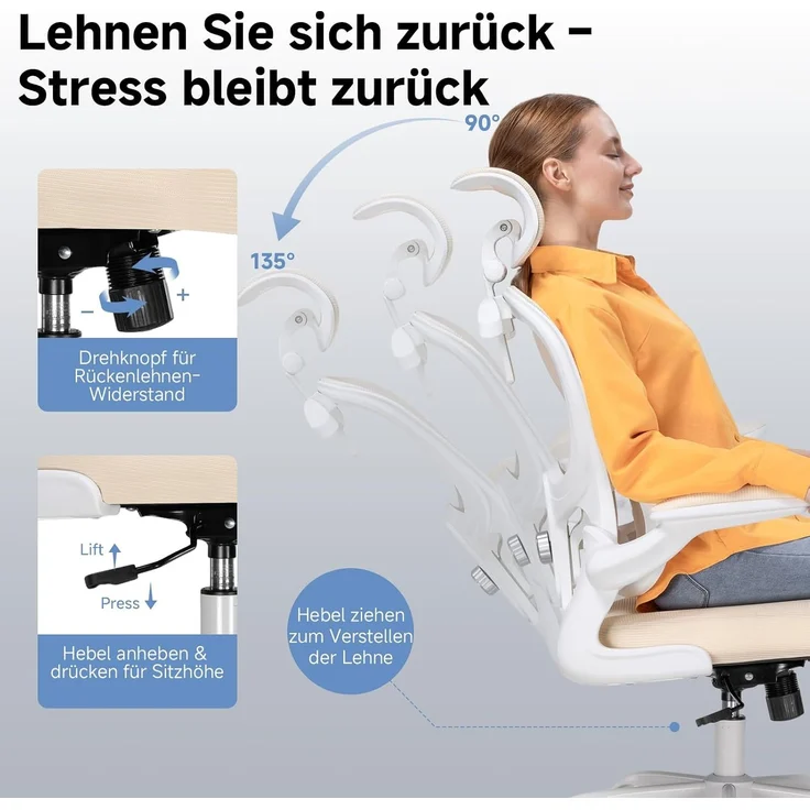 COMHOMA Bürostuhl Ergonomischer Schreibtischstuhl mit 3D Kopf- und Lendenwirbelstütze (Packung), verstellbare Kopfstütze und Armlehnen, Höhenverstellbar – Bild 5