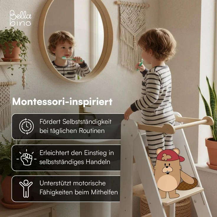 Bellabino 'Tay' Lernturm für Kinder ab 1 Jahr, Tritt 2-fach höhenverstellbar, weiß/natur, Birke Sperrholz, klappbar, Tritthocker bis 50 kg belastbar – Bild 3