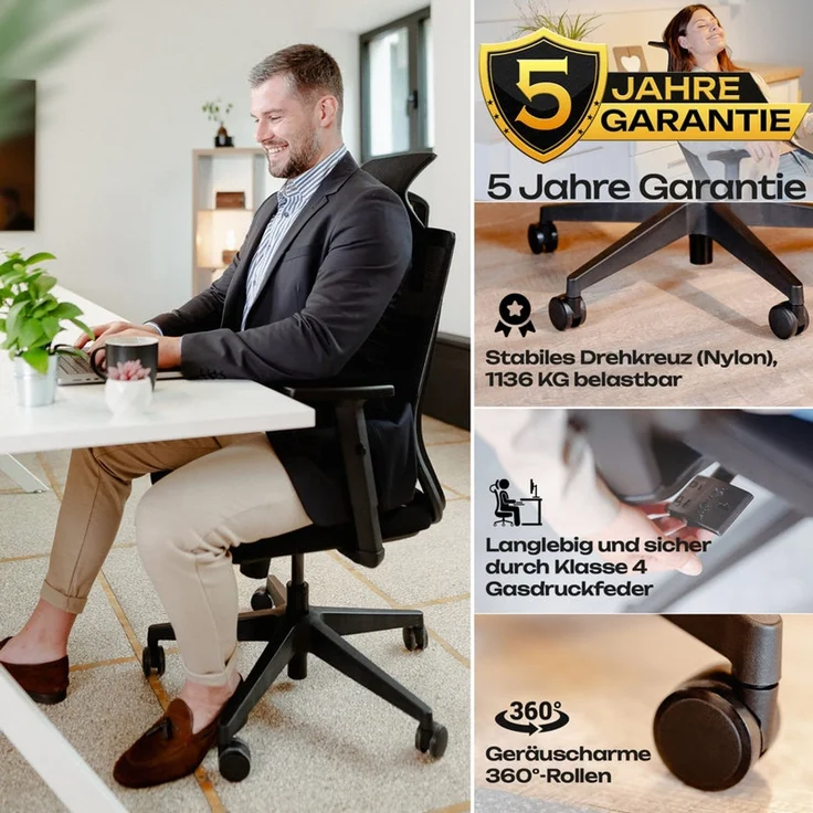 VALKENSTOL M2 Kopf-/Armstütze - Bürostuhl Ergonomisch Testsieger - 5 Jahre Garantie - Schreibtischstuhl mit Netzrücken - Computerstuhl – Bild 9