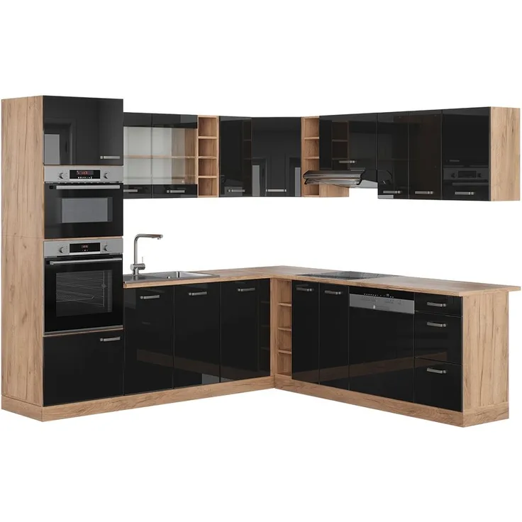 Eckküche R-Line Schwarz Hochglanz/Goldkraft Eiche 247 x 60 cm , AP Eiche Vicco