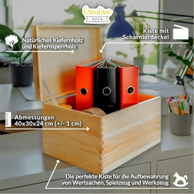 Creative Deco Holzkiste Große Holzkiste mit Deckel 40x30x24 cm (1cm), Holzbox mit Deckel Kasten – Bild 2