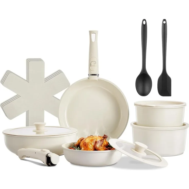 FOHERE Topf-Set Topfset Kochgeschirr-Set mit abnehmbaren Griff, Keramik (Set, 17-tlg), für alle Herdarten, mit stapelbarem Design