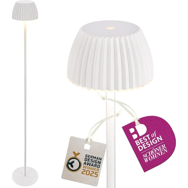 BRILONER - Riffle LED Stehlampe kabellos IP44 mit Touch, 19x124 cm, dimmbar, Memoryfunktion, Akku tauschbar, Akku Stehleuchte, Leselampe, Wohnzimmerlampe, German Design Award Winner 2025, Weiß – Bild 1