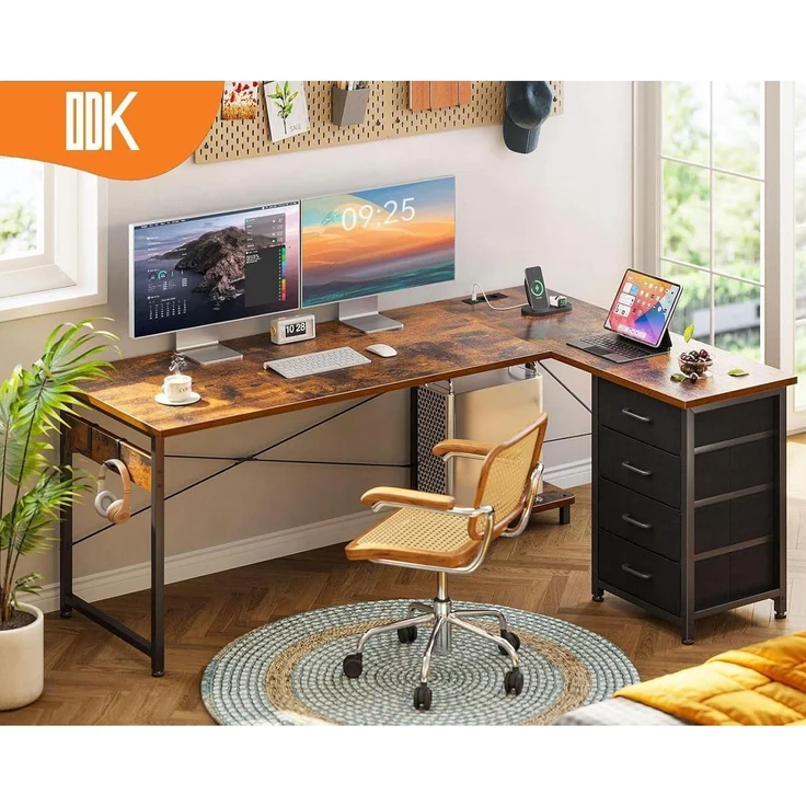 ODK Eckschreibtisch L Form Vintage-Braun 155x110 cm, Schubladen, Steckdosen, USB – Bild 7