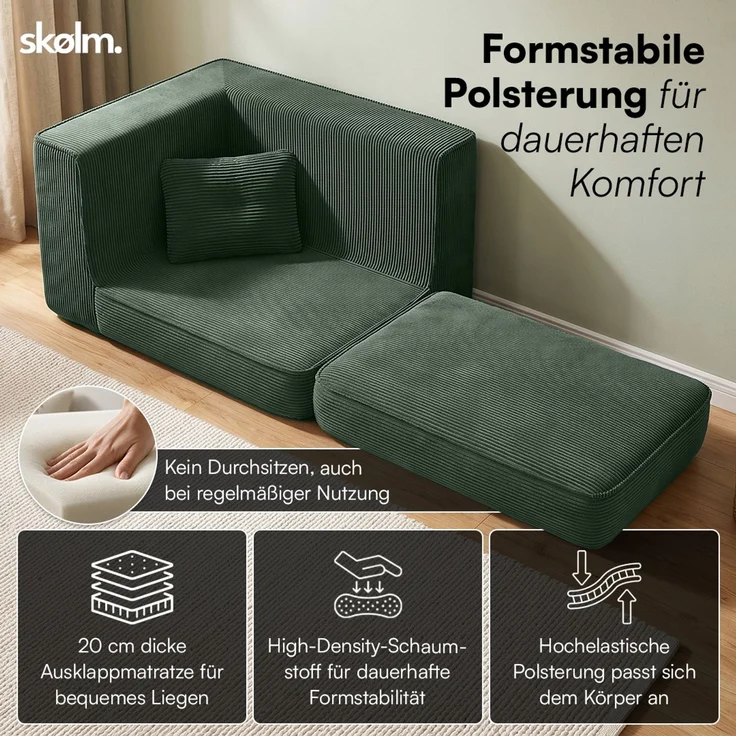 skølm 'Ránar' Ecksessel mit Liegefunktion und 1 Kissen, Sessel ausklappbar, vakuumverpackt ohne Aufbau, dunkelgrün aus Cord – Bild 3